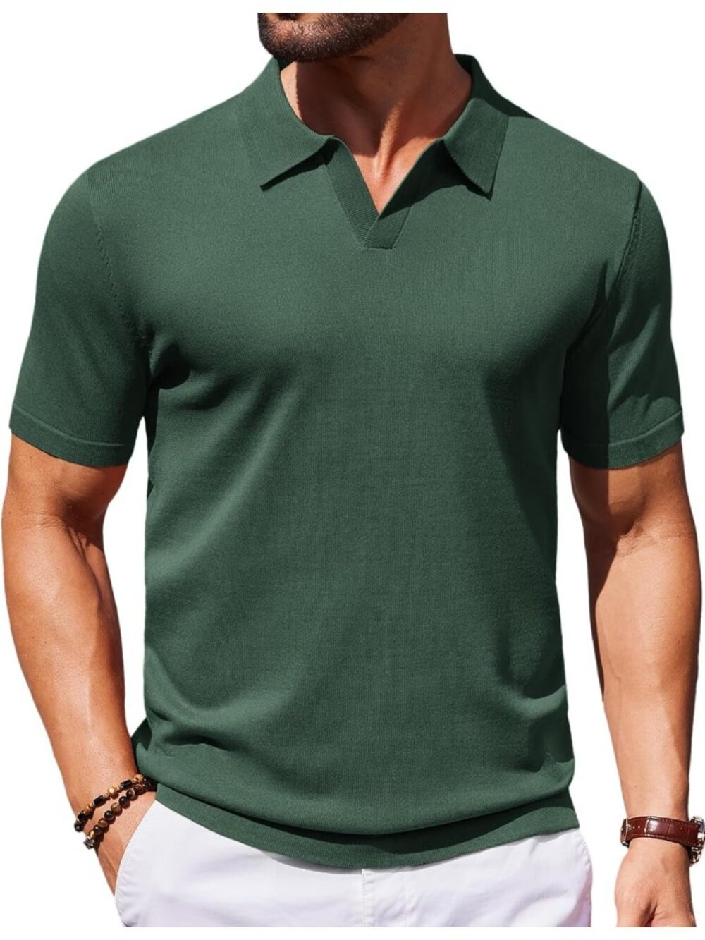 Men's Green Imported 100% Polyester V Neck Short Sleeve Stretch Knit Polo Shirt